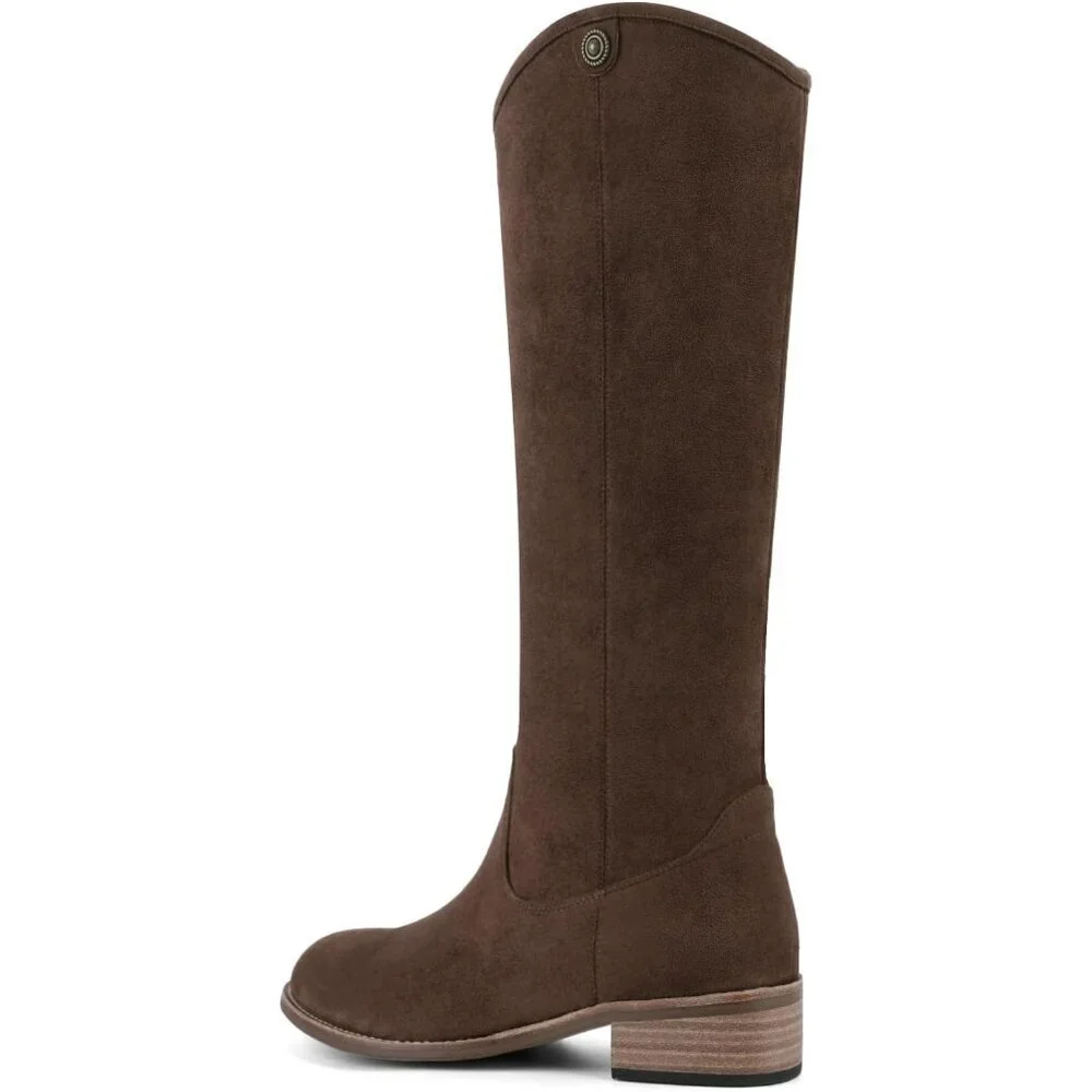 Women's Dark Brown Round Toe Chunky Heel Faux Suede Tall Knee High Boots Rubber